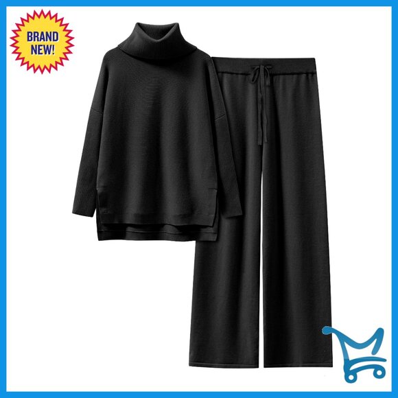 Pants - Oversized Turtleneck Sweater Set Wide Leg Pants Lounge Comfy Fall Winter